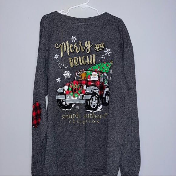 Simply Southern Merry & Bright Gray Long Sleeve Tee with Red Plaid Accents - Picture 1 of 5